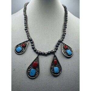 Vintage Gerald Mitchell Turquoise & Red Silver Necklace Navajo Native American